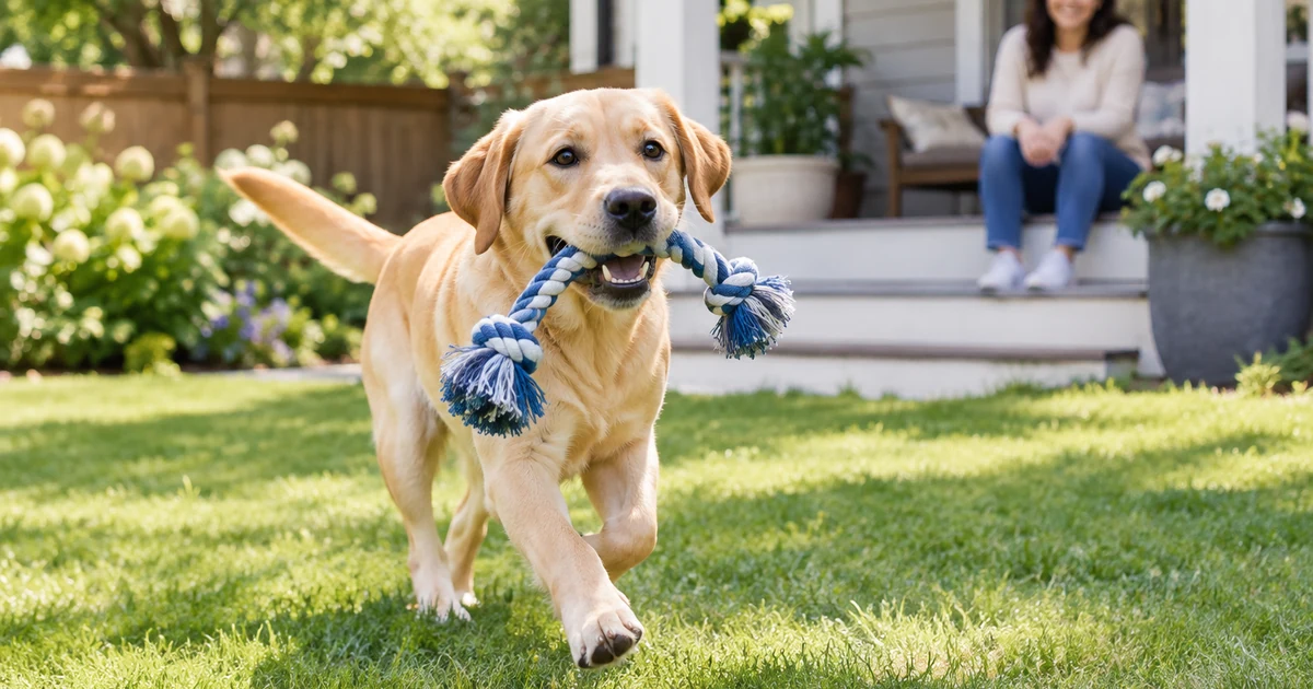 Accident only pet insurance: a playful young Labrador retriever running in a backyard with a rope toy