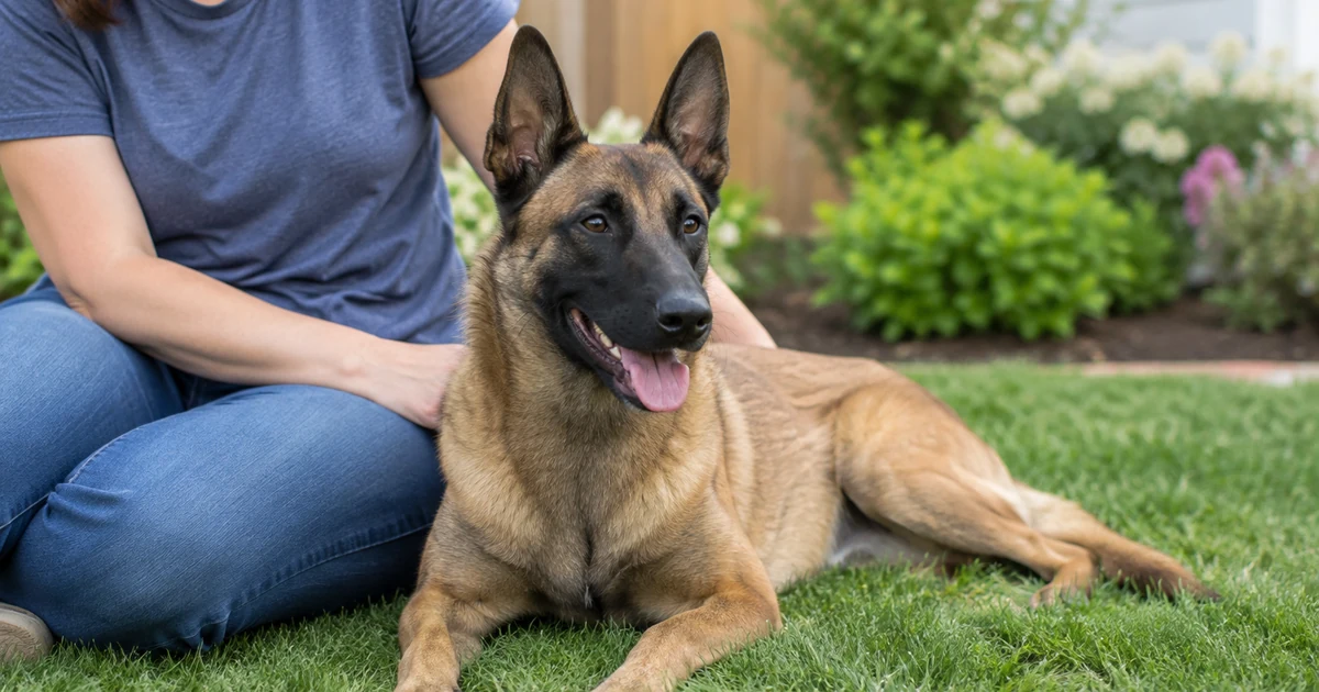 Belgian malinois price: an alert fawn Belgian Malinois with a black mask lying on green grass