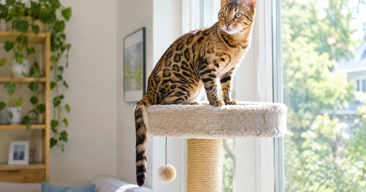 Bengal cat price: a spotted brown Bengal cat perched on a tall cat tree beside a sunny window in a modern home
