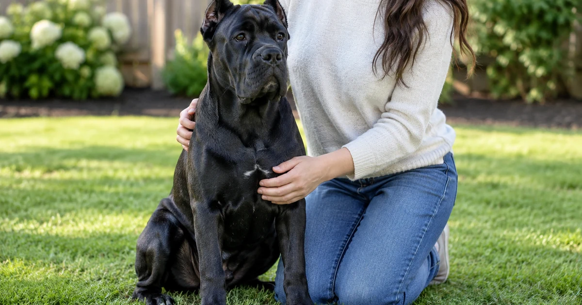 Cane corso price: a young black Cane Corso sitting calmly beside its owner on a grassy backyard lawn in soft afternoon light
