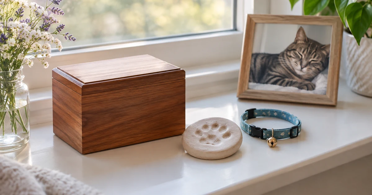 Cat cremation cost: a small wooden memorial box beside a clay paw print impression and a cat collar on a sunny windowsill