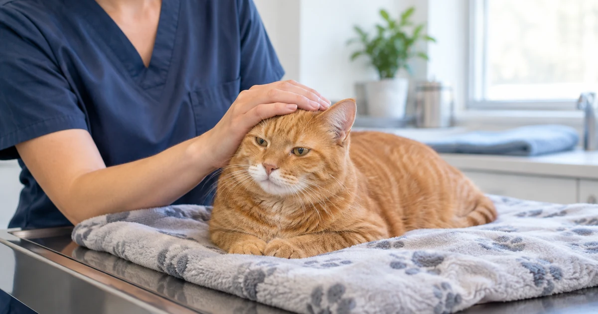 Cat tooth extraction cost: a calm orange tabby cat resting on a soft blanket on a clinic recovery table