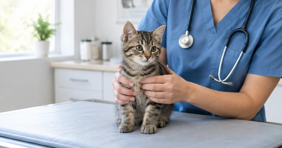 Cat vaccinations cost: a small tabby kitten sitting calmly on a padded exam table