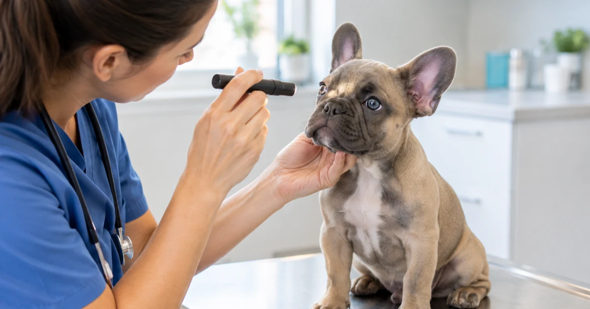 Cherry eye surgery cost: a young French bulldog puppy sitting calmly on a vet exam table