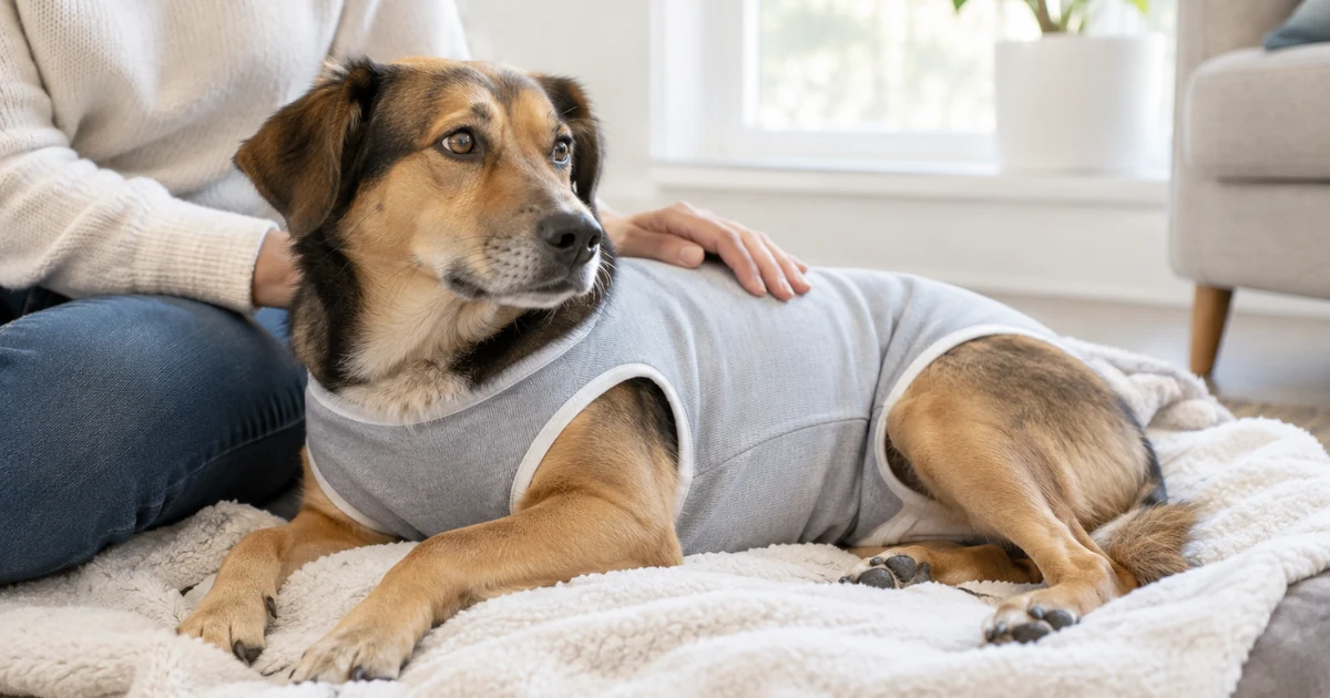 Cost to spay a dog: a mixed-breed female dog resting at home in a gray recovery suit while her owner comforts her