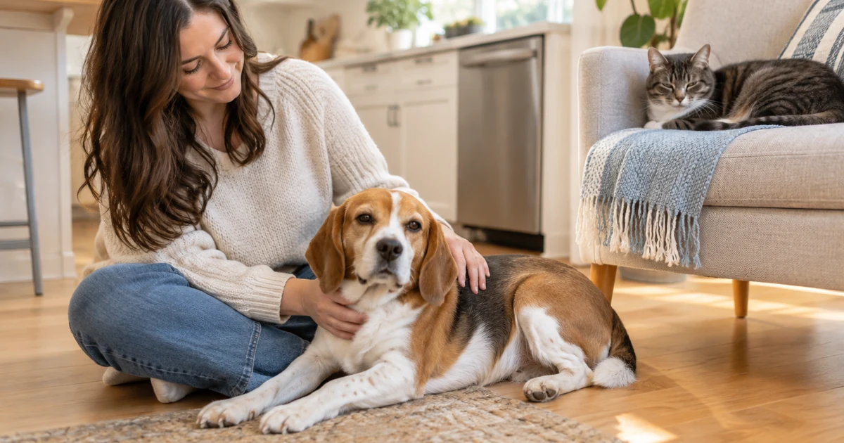 Costco pet insurance: a woman sitting on her kitchen floor at home petting a relaxed beagle