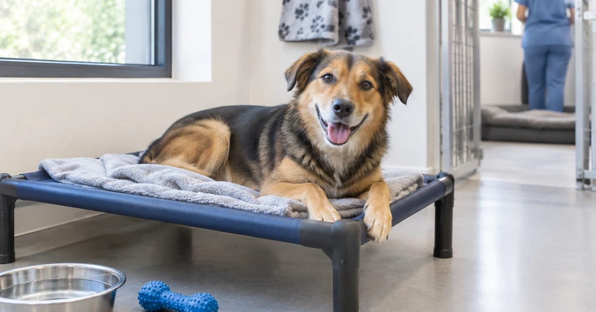 Dog boarding cost: a happy mixed-breed dog resting on a raised dog bed in a clean, bright boarding suite