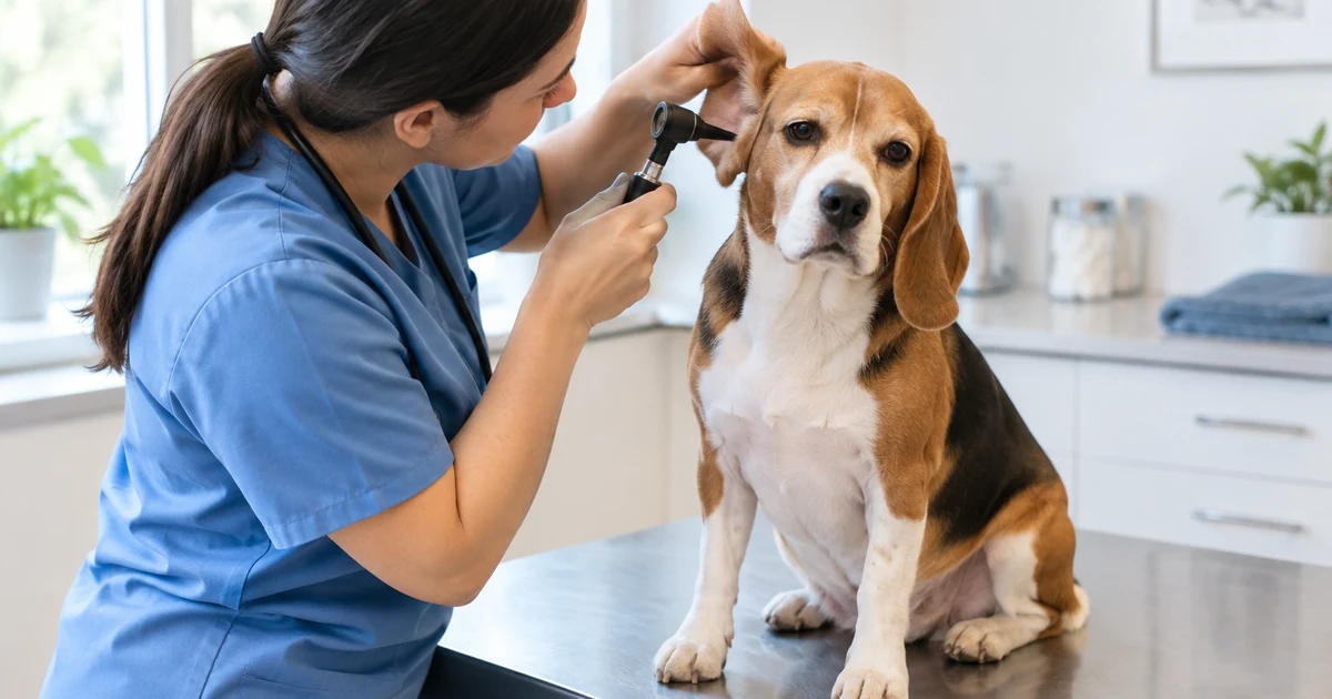 Dog ear hematoma surgery cost: a calm floppy-eared beagle sitting on a vet clinic exam table