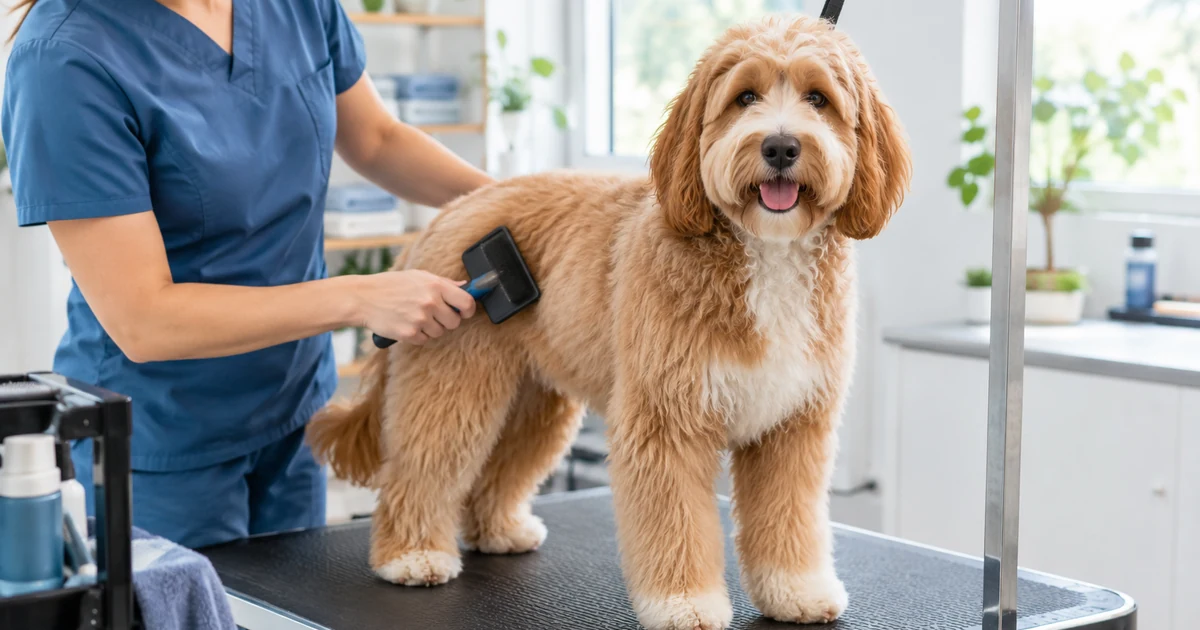 Dog grooming cost: a fluffy medium-size dog standing calmly on a grooming table while a groomer gently brushes its coat