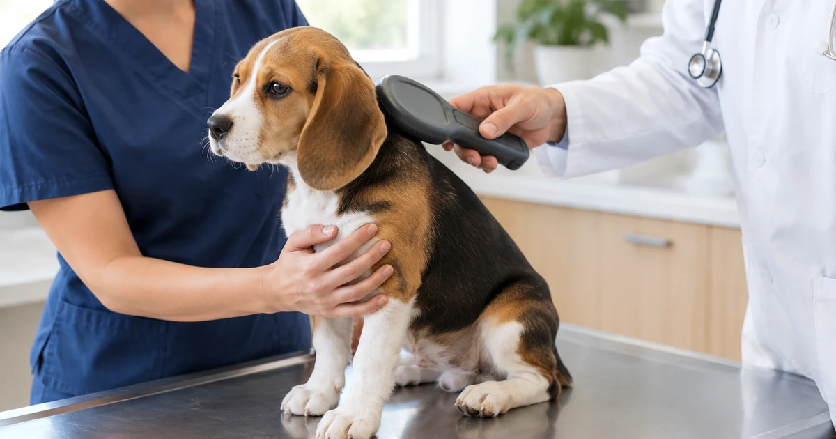 Dog microchip cost: a calm beagle puppy held gently by a veterinary technician