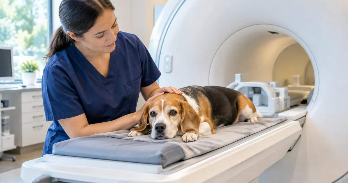 Dog mri cost: a calm beagle resting on a padded table next to a veterinary MRI machine