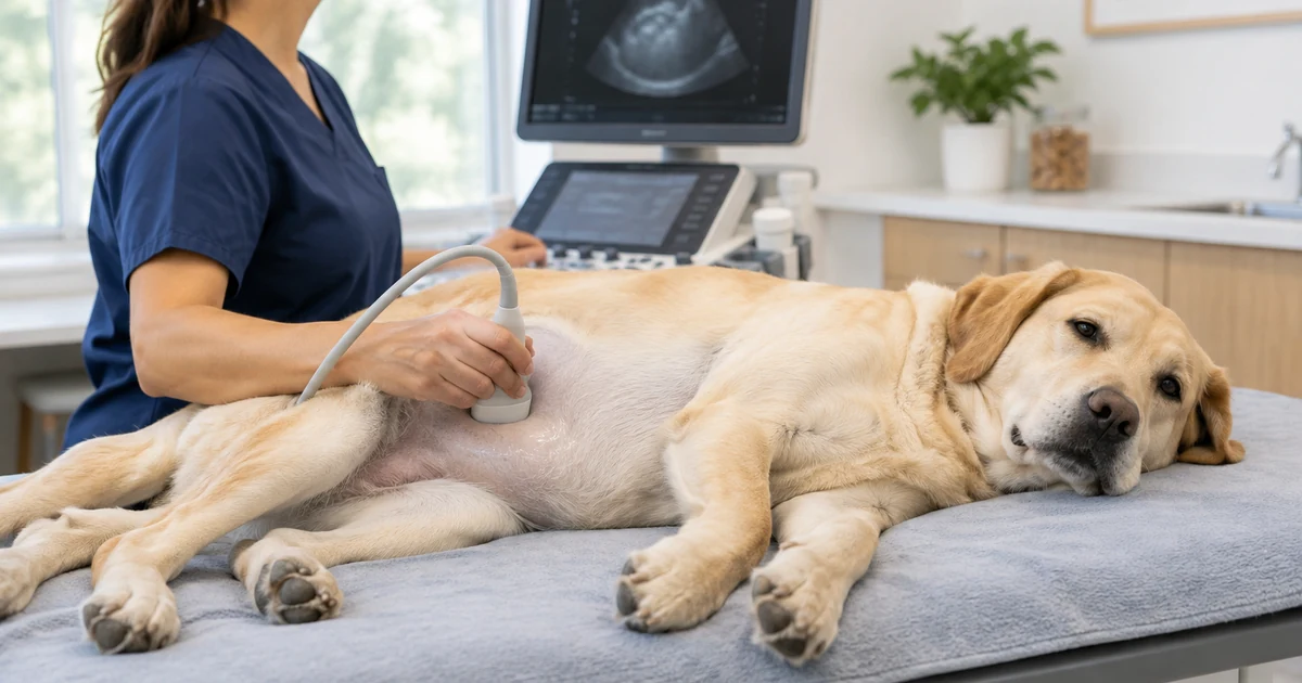 Dog ultrasound cost: a relaxed labrador retriever lying on its side on a padded exam table