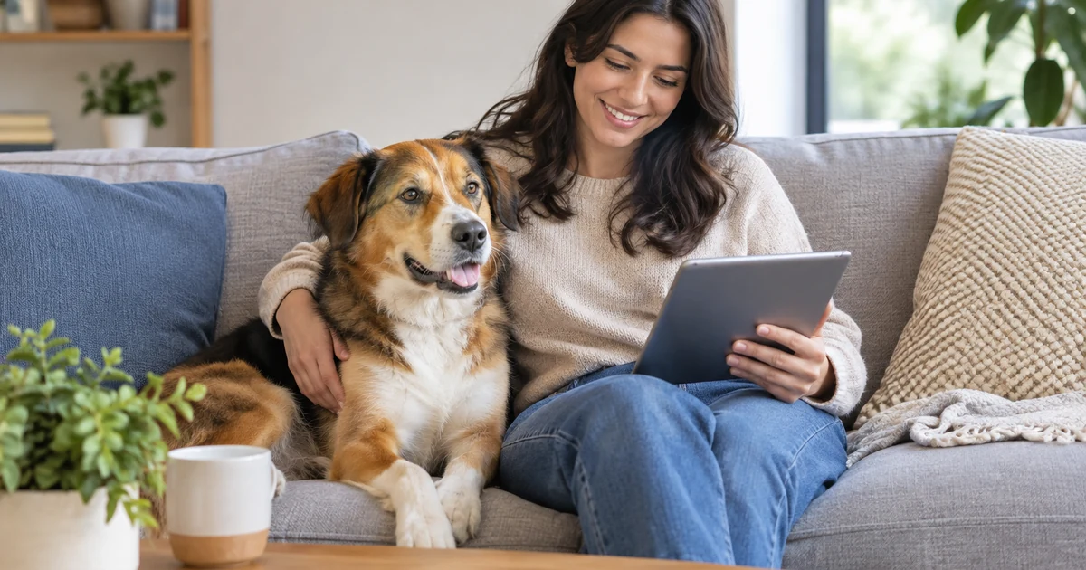 Embrace pet insurance review: a smiling woman sitting on a living room couch with her mixed-breed dog