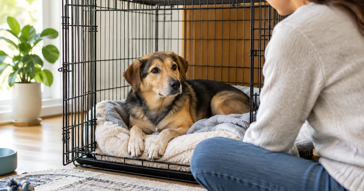 Heartworm treatment cost: a calm medium-sized mixed-breed dog resting on a soft bed inside an open crate at home