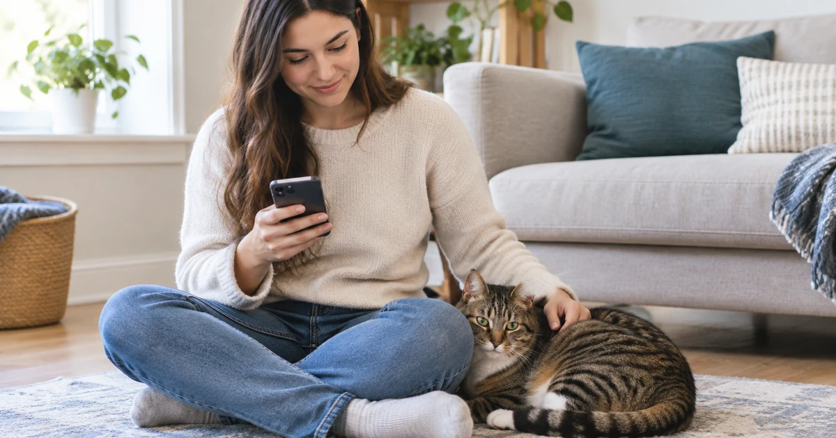Lemonade pet insurance review: a young woman sitting cross-legged on a rug at home, looking at her phone