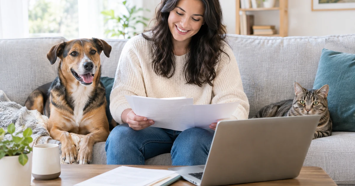 Pet insurance cost: a smiling owner sitting on a living room couch with a medium-sized mixed-breed dog and a tabby cat
