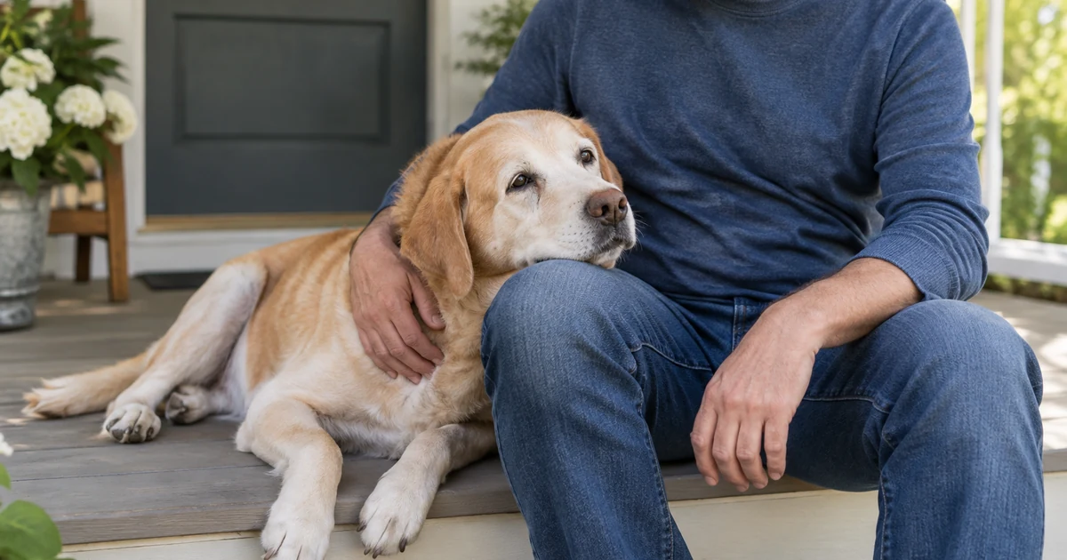 Pets best insurance review: a man relaxing on a porch step at home with his senior Labrador resting its head on his knee