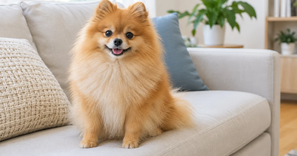Pomeranian price: a fluffy orange Pomeranian sitting on a light sofa at home, looking at the camera, soft daylight